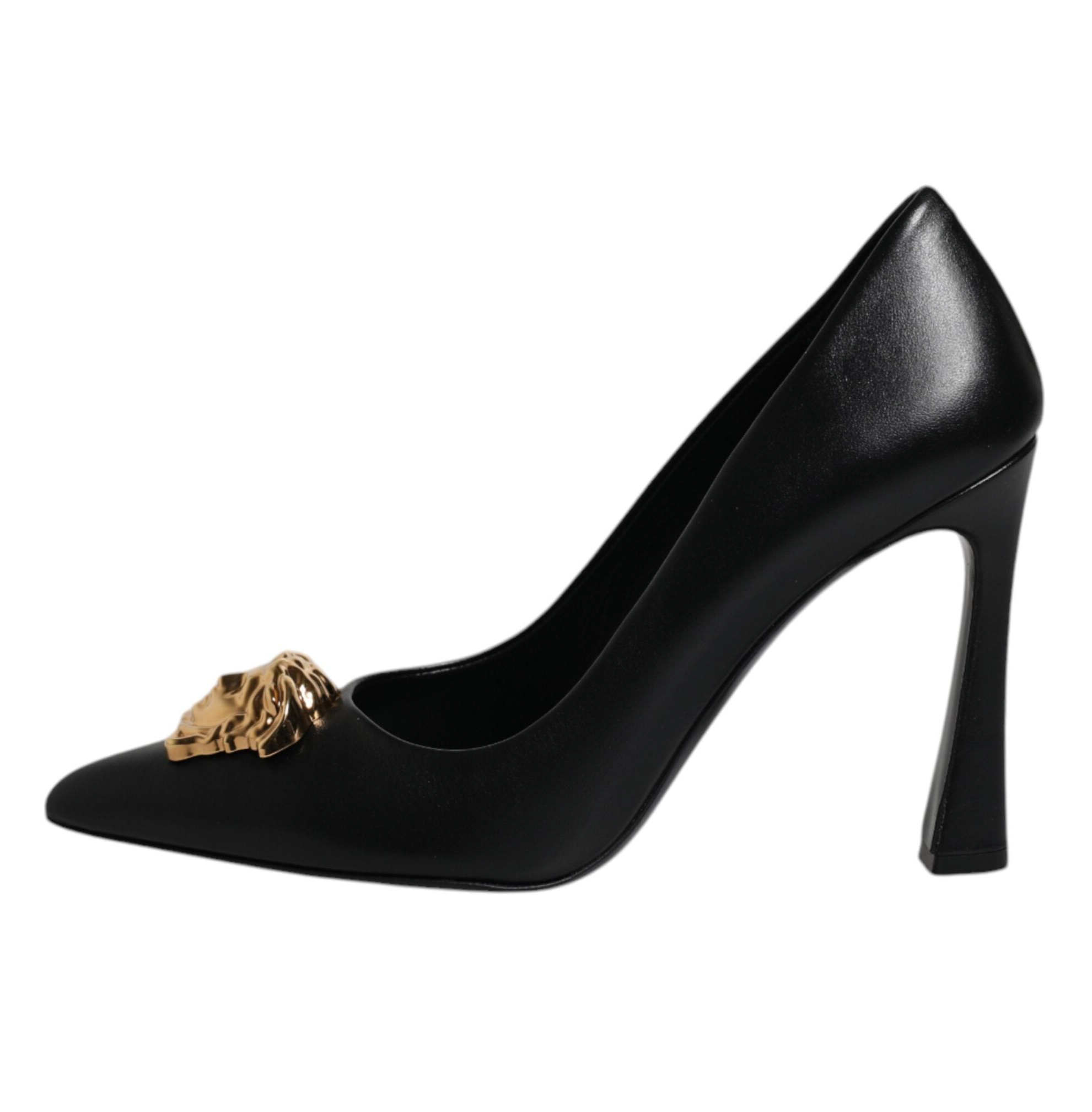 Versace Black Leather Logo Plaque High Heels Pumps Shoes
