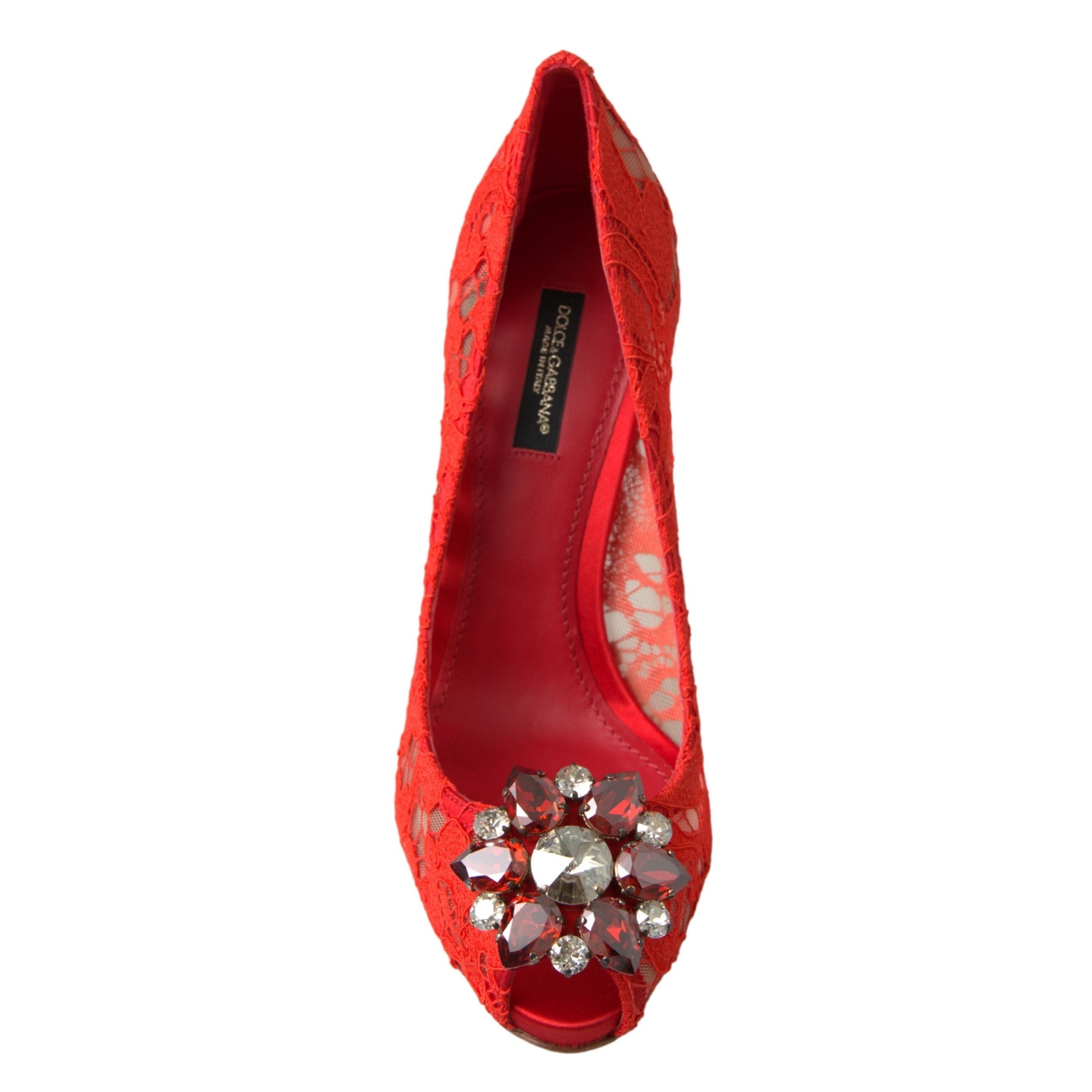 Dolce & Gabbana Red Lace Heels with Crystal Broche