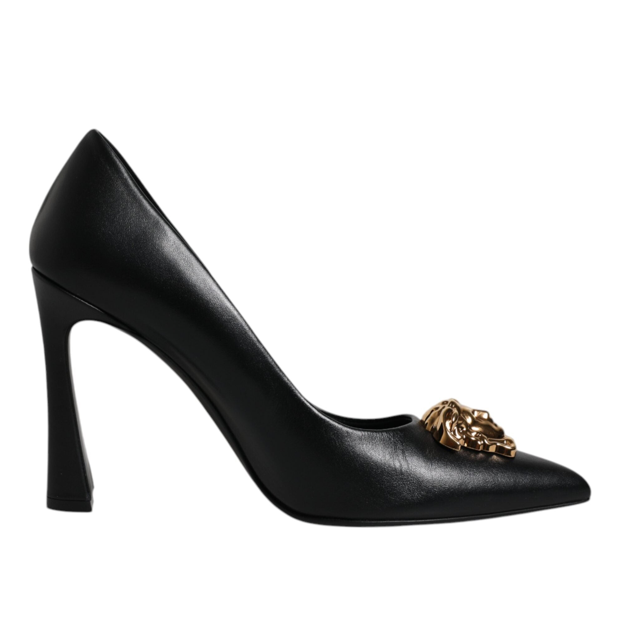 Versace Black Leather Logo Plaque High Heels Pumps Shoes