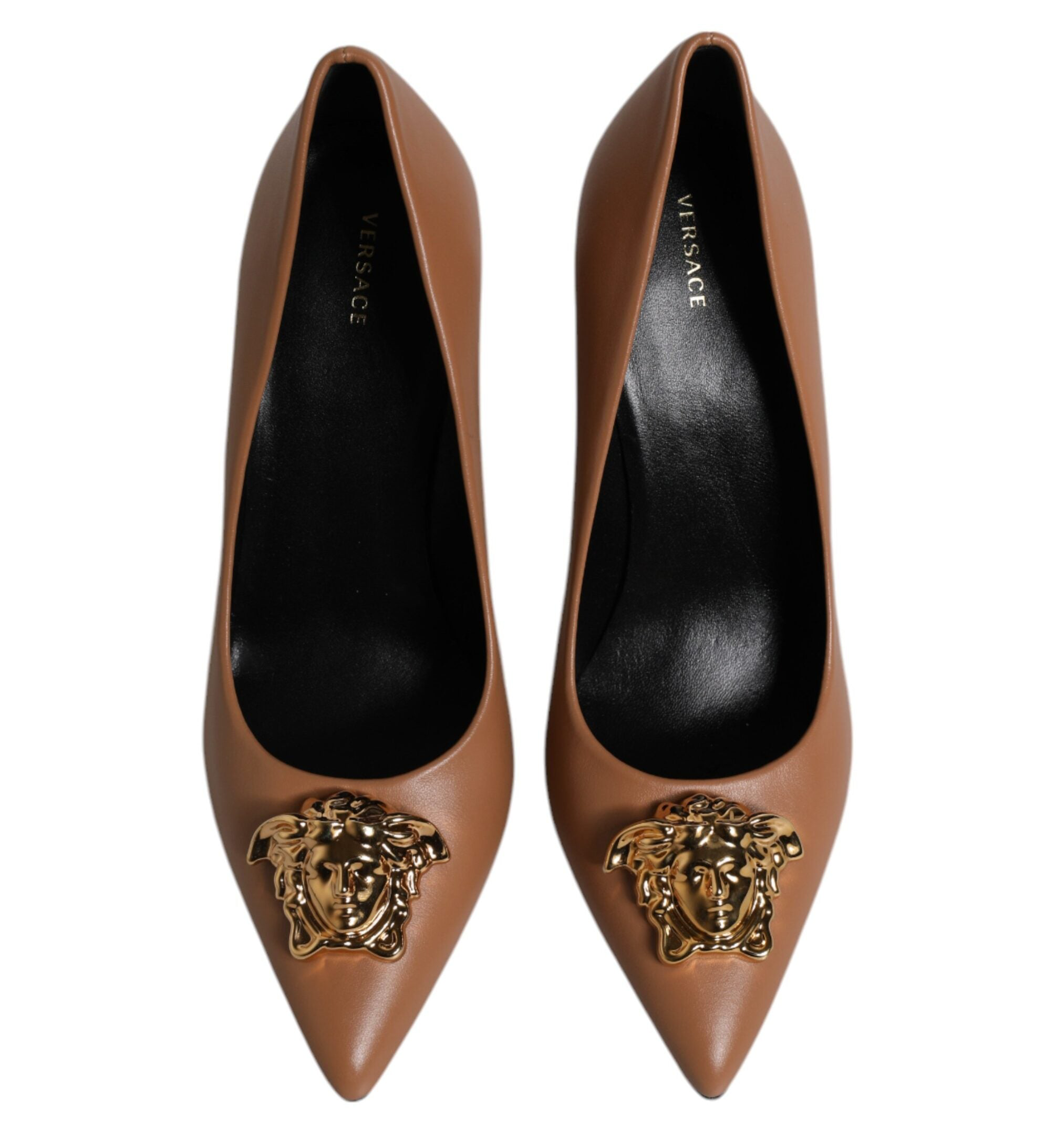 Versace Brown Leather Logo Plaque Heels