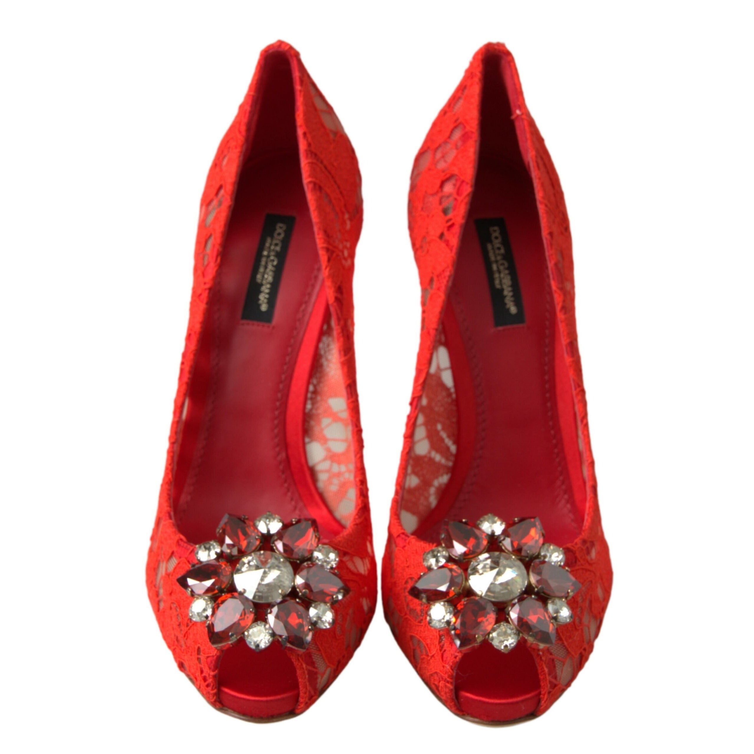 Dolce & Gabbana Red Lace Heels with Crystal Broche