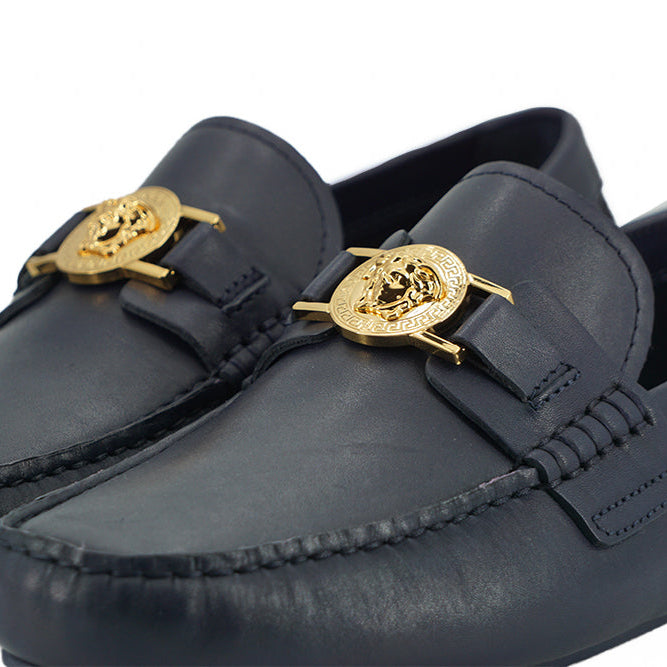 Versace Elegant Navy Blue Calf Leather Loafers