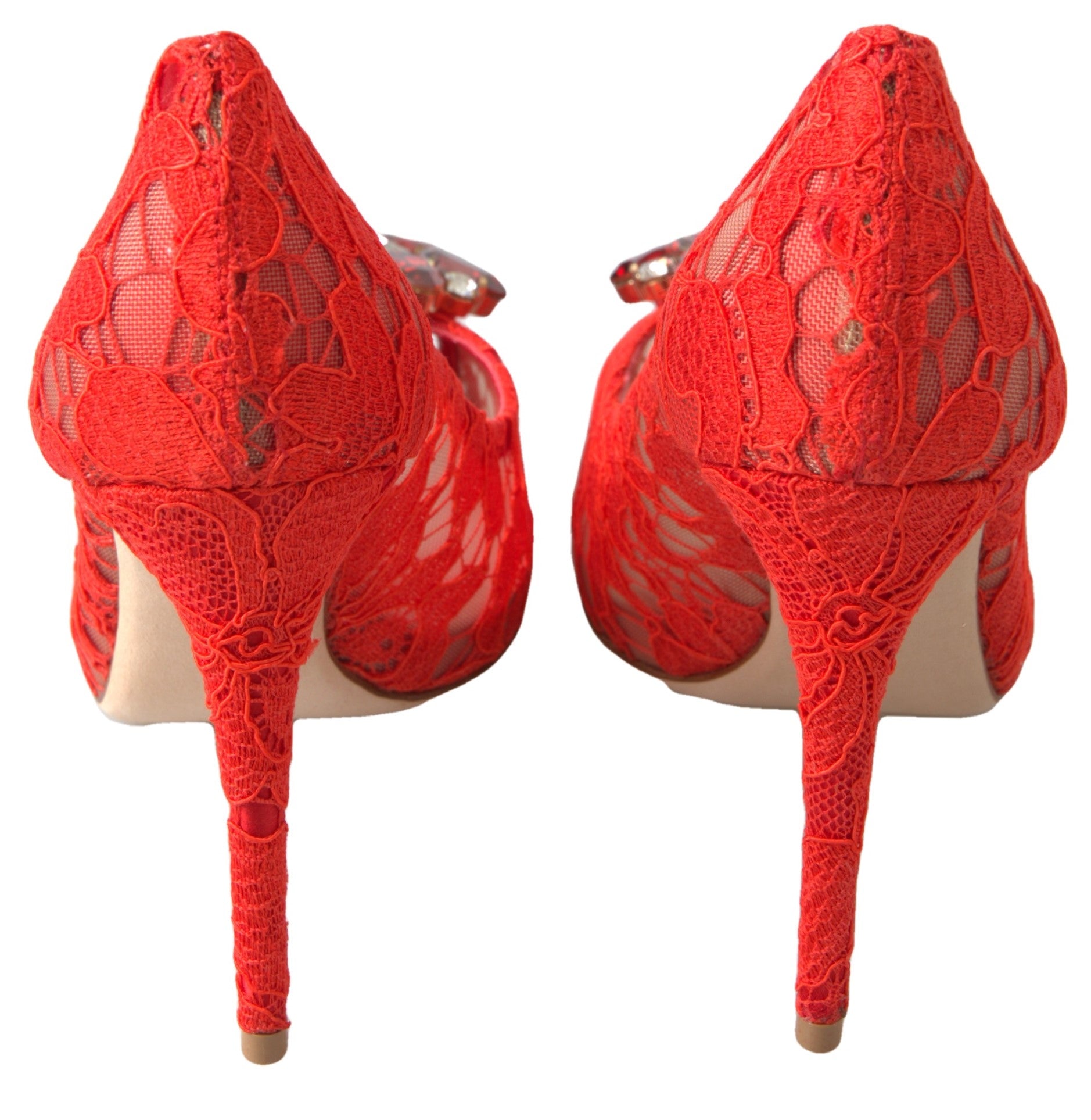 Dolce & Gabbana Red Lace Heels with Crystal Broche