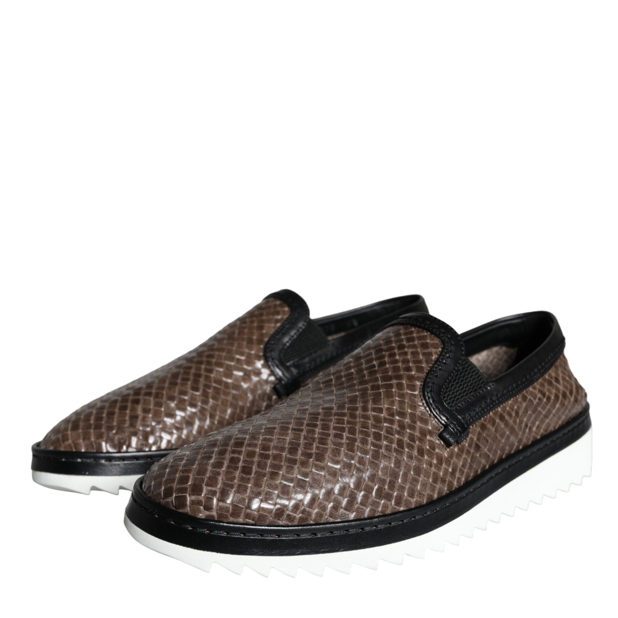 Dolce & Gabbana Brown Black Leather Weaved Loafers