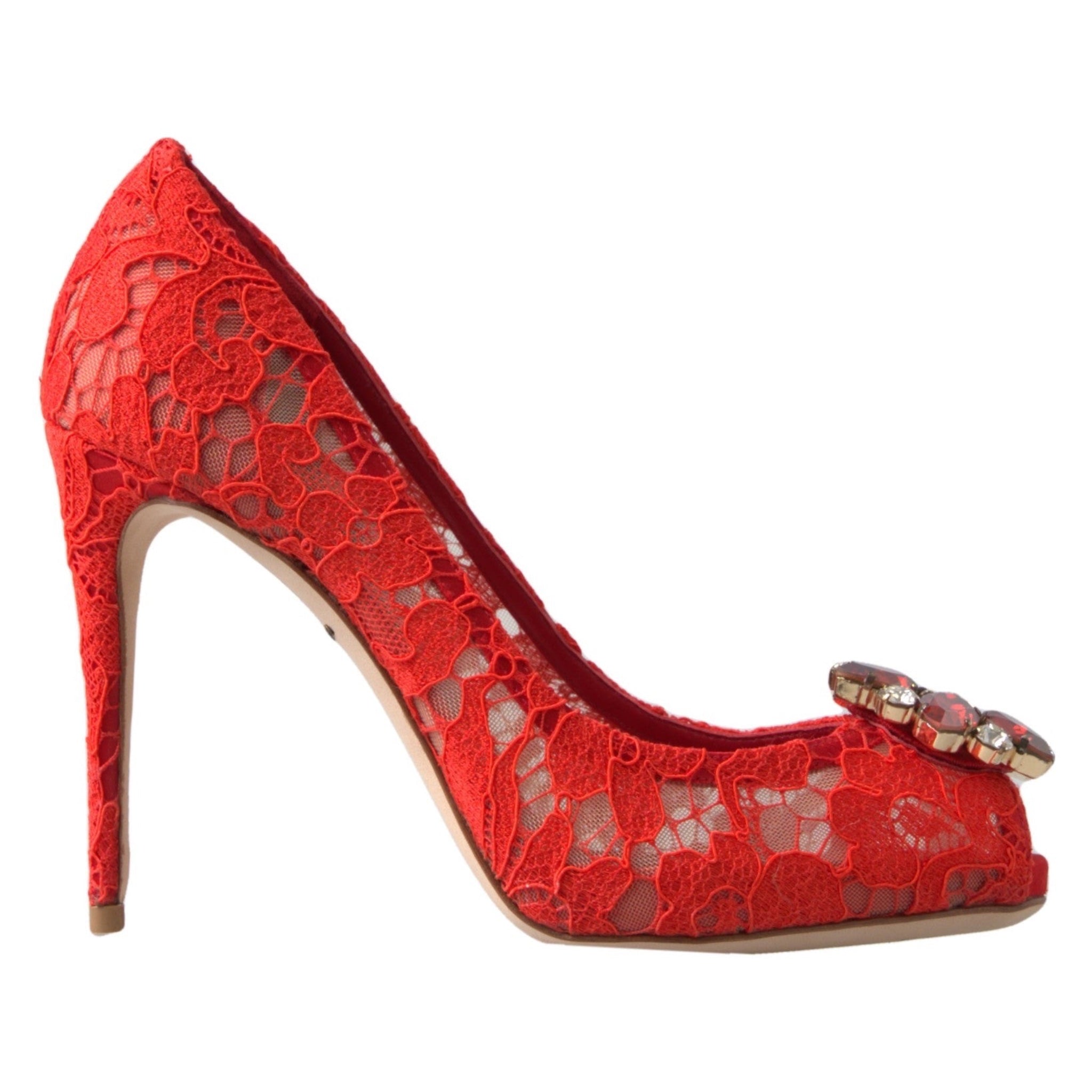 Dolce & Gabbana Red Lace Heels with Crystal Broche