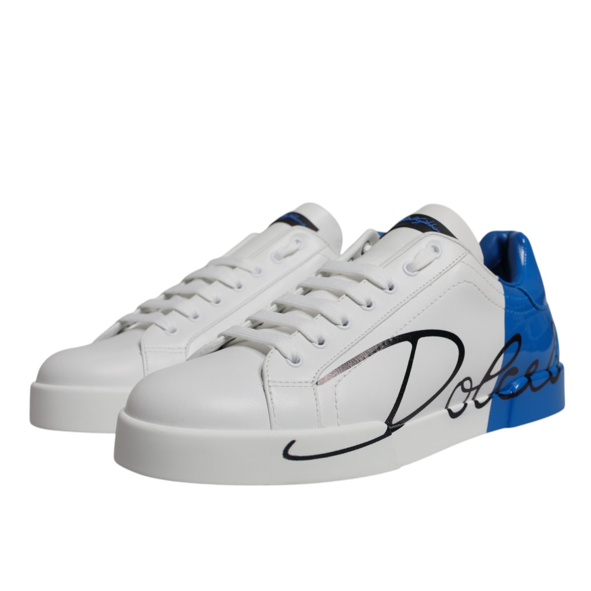 Dolce & Gabbana White Blue Leather Low Top Sneaker