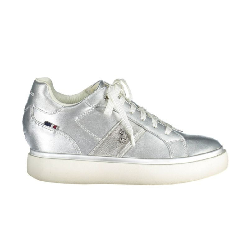 Silver sneaker with a brand logo on a white background