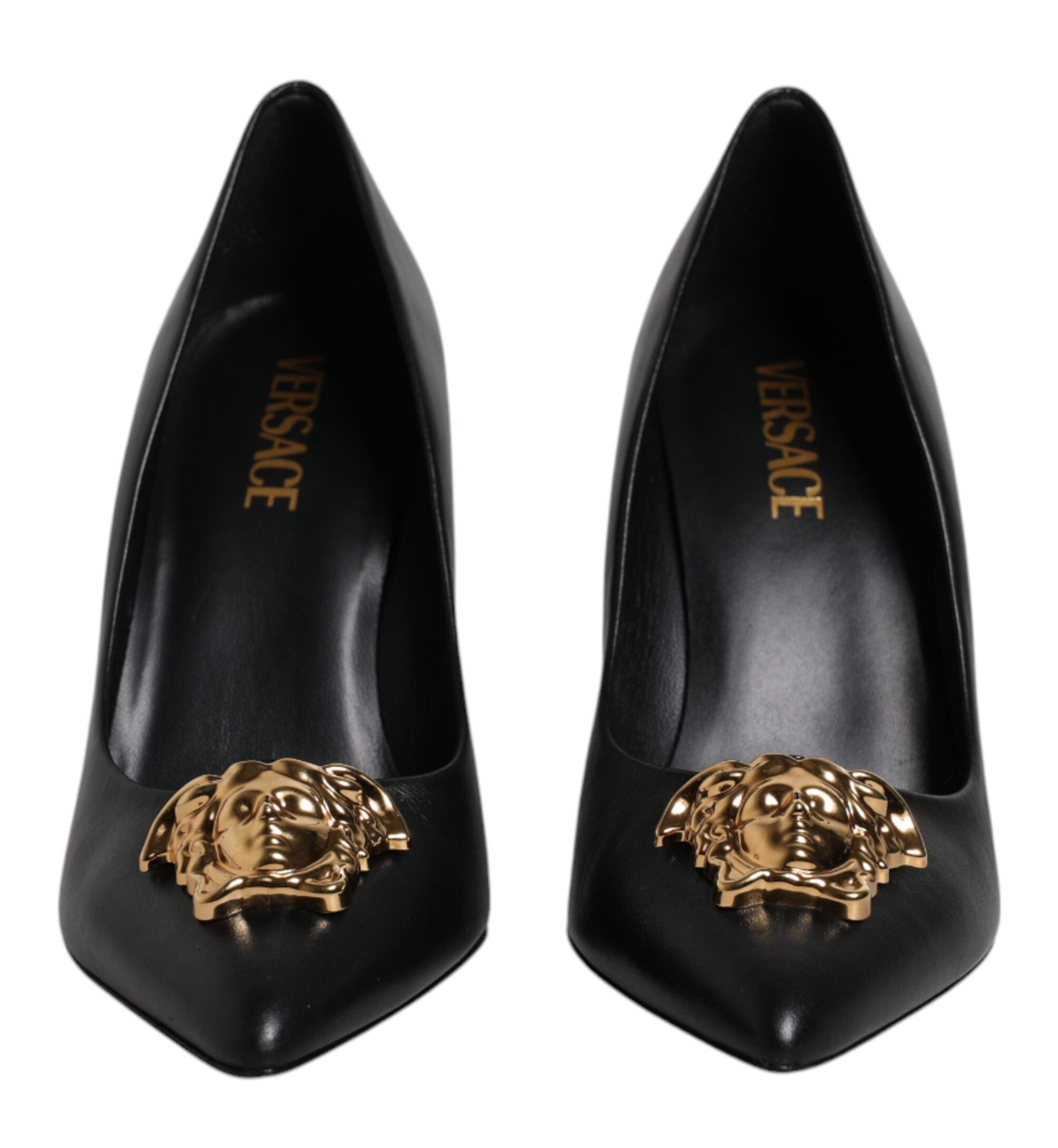 Versace Black Leather Logo Plaque High Heels Pumps Shoes