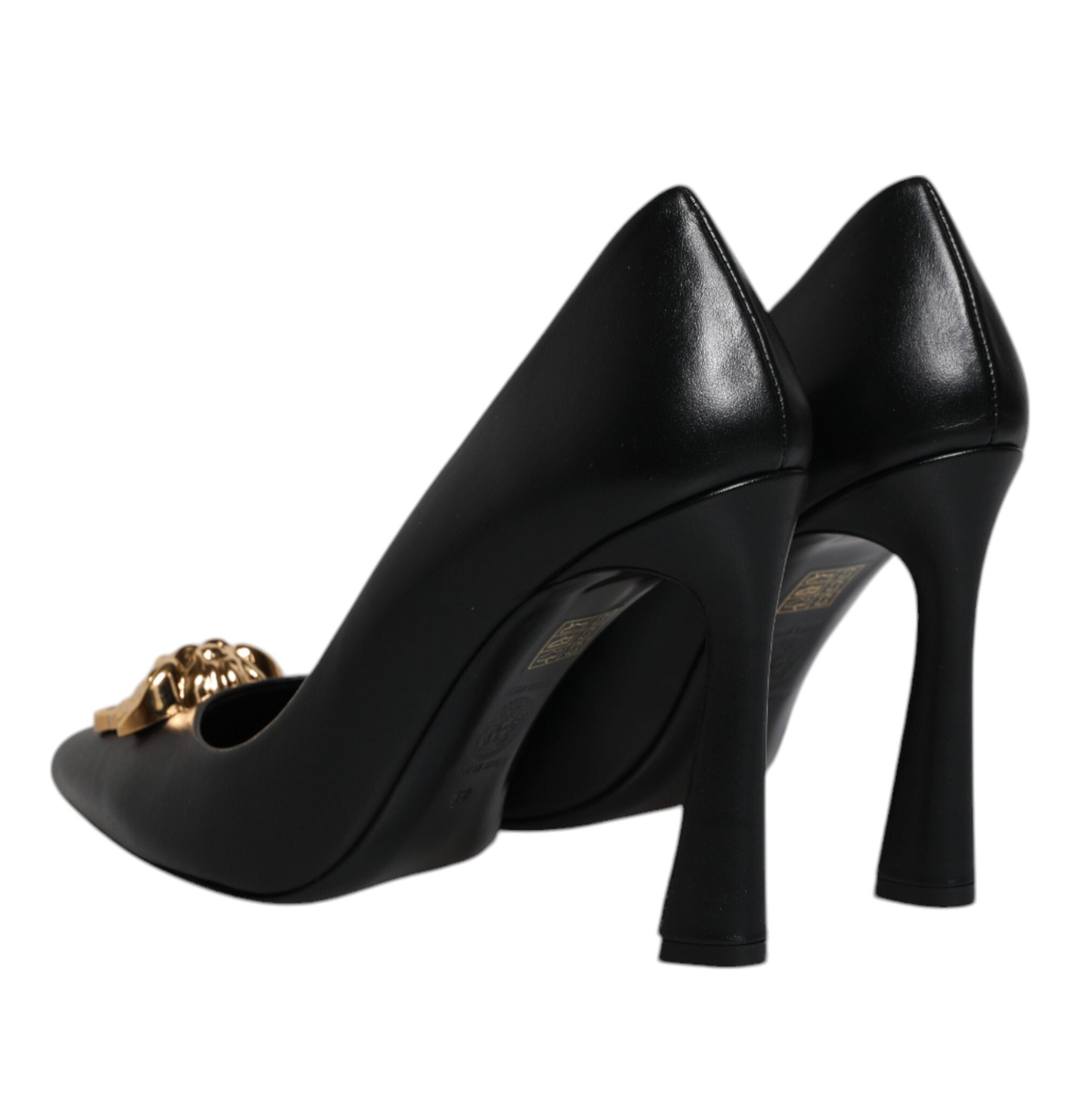 Versace Black Leather Logo Plaque High Heels Pumps Shoes