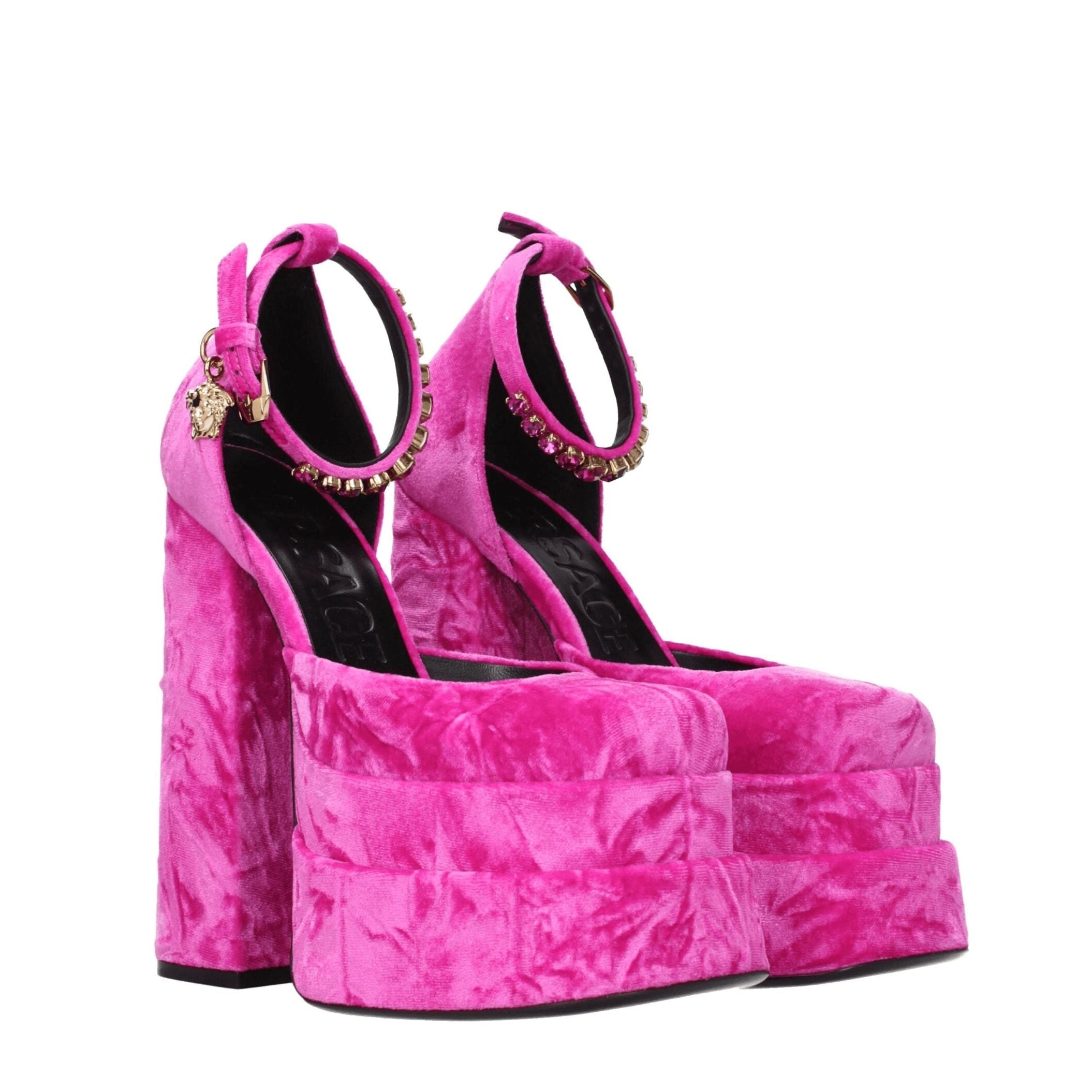 Versace Pink Velvet Crystal Strap Platform Sandal