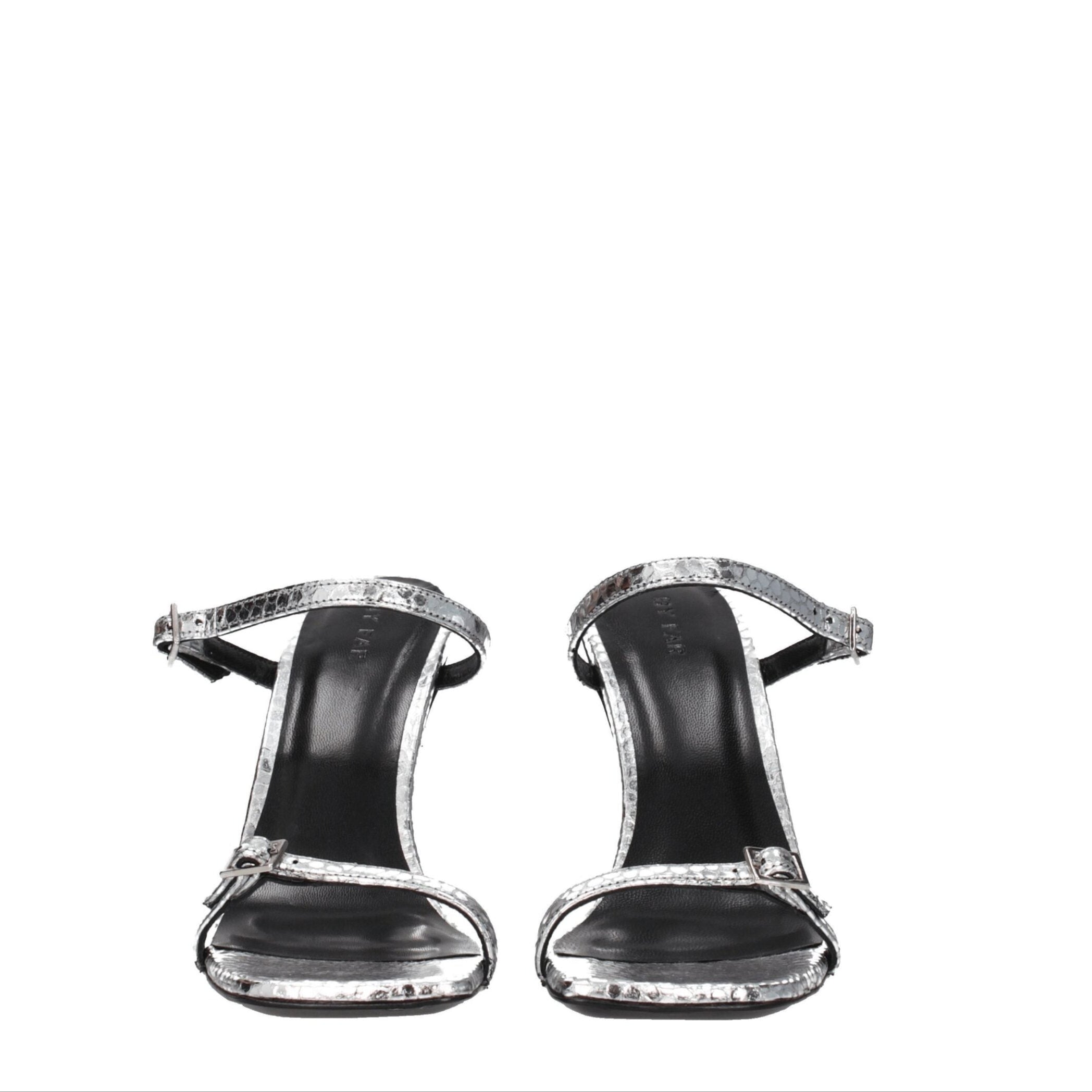 Black high-heeled sandals with silver straps on a white background
