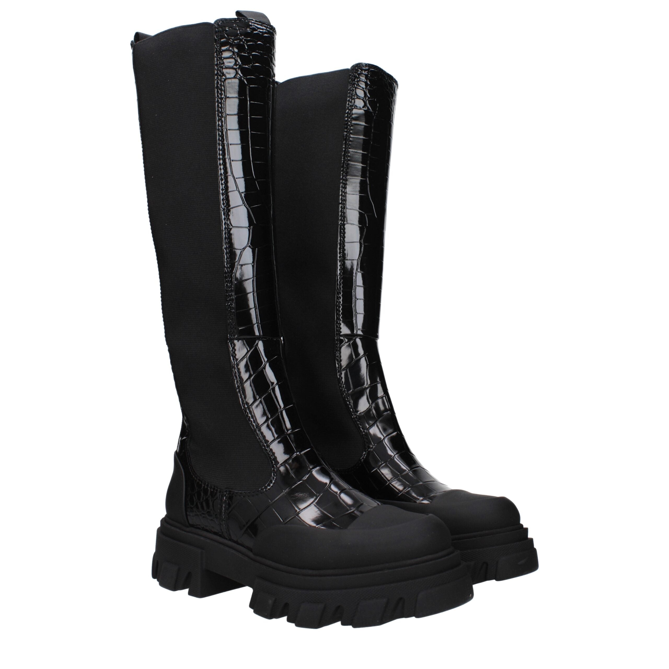 Ganni Black Leather Crocodile Boot