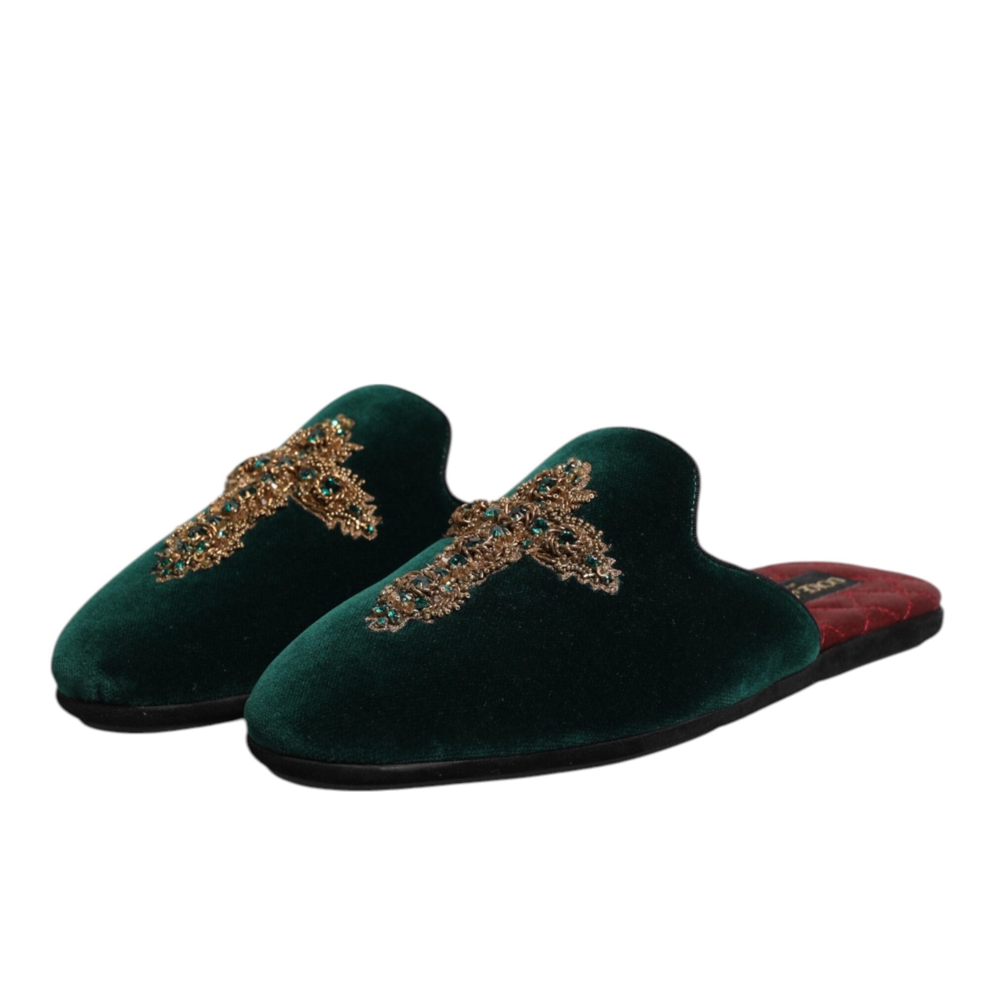 Dolce & Gabbana Green Velvet Cross Slippers
