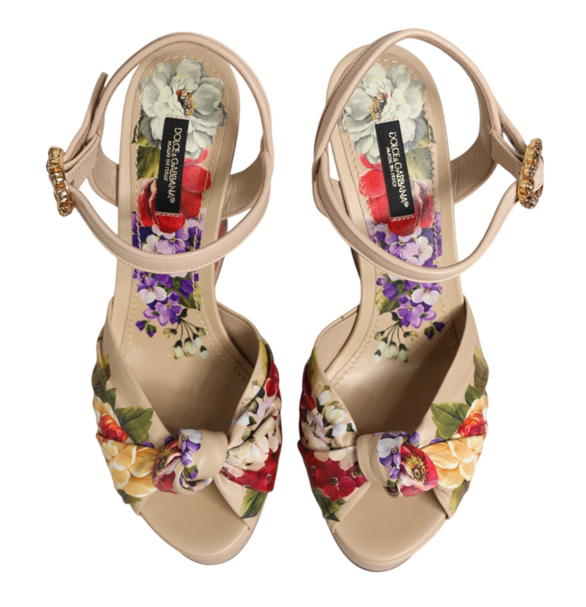 Dolce & Gabbana Beige Floral Ankle Strap Wedge