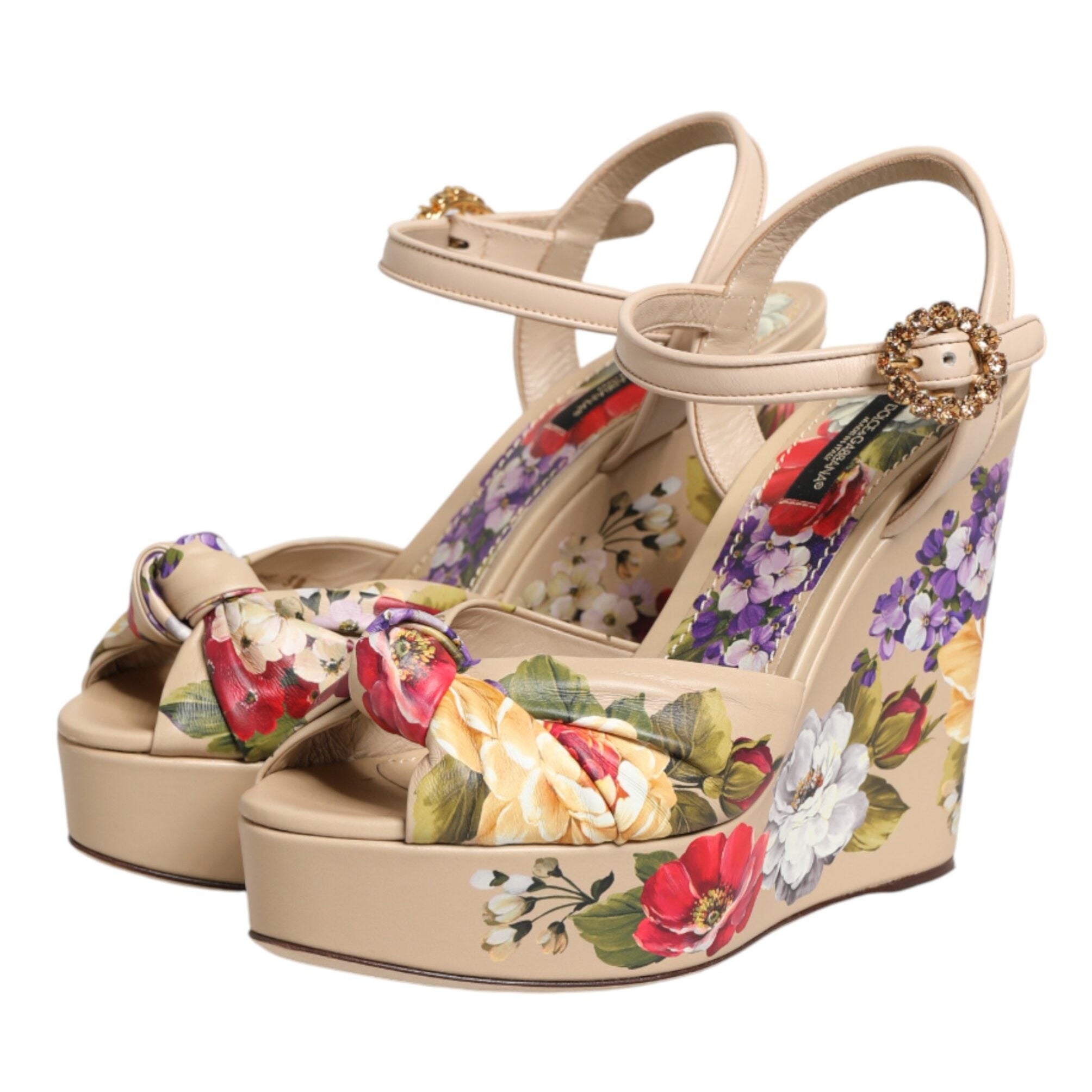 Dolce & Gabbana Beige Floral Ankle Strap Wedge