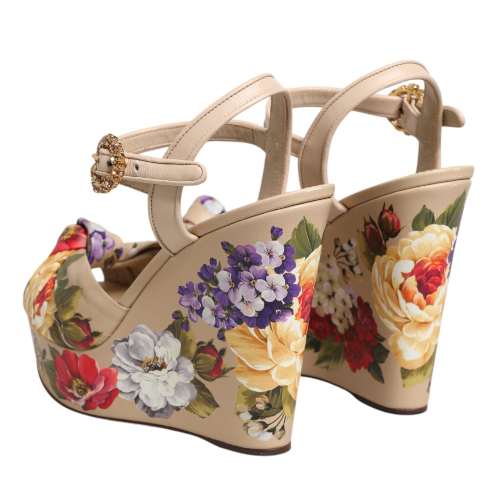 Dolce & Gabbana Beige Floral Ankle Strap Wedge