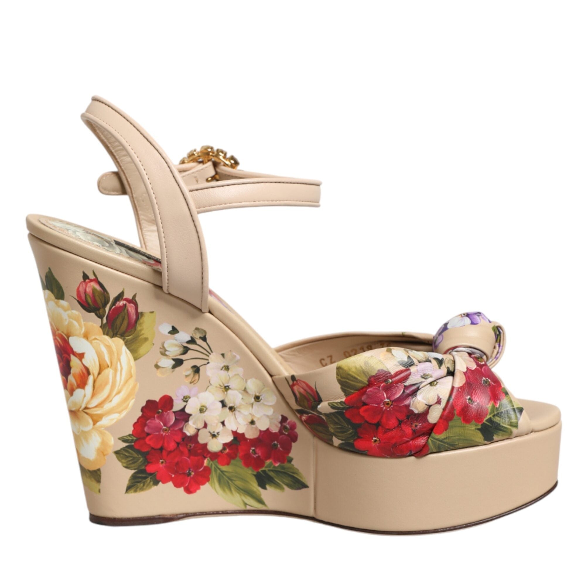 Dolce & Gabbana Beige Floral Ankle Strap Wedge