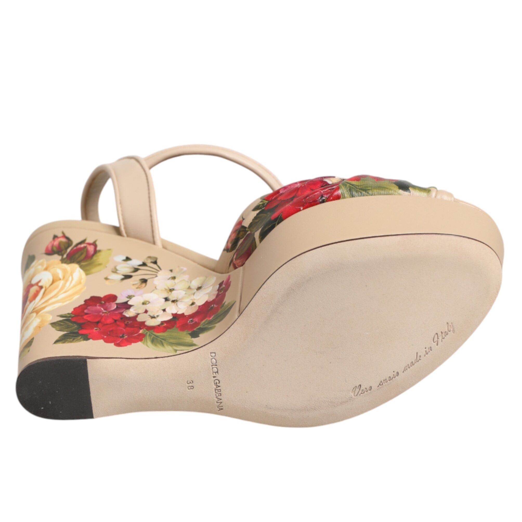 Dolce & Gabbana Beige Floral Ankle Strap Wedge