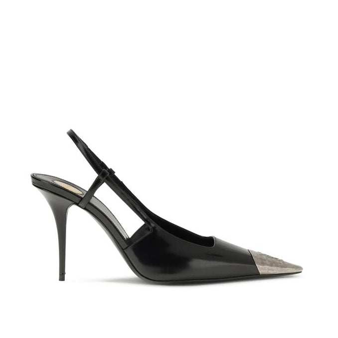 Black high-heeled shoe with a pointed toe on a white background