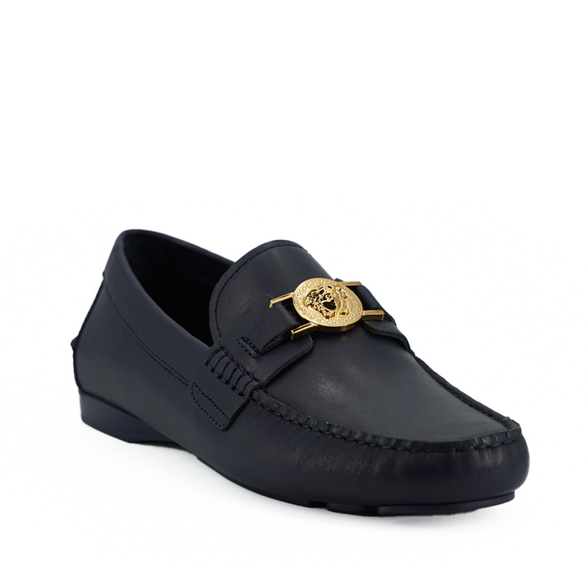 Versace Elegant Navy Blue Calf Leather Loafers