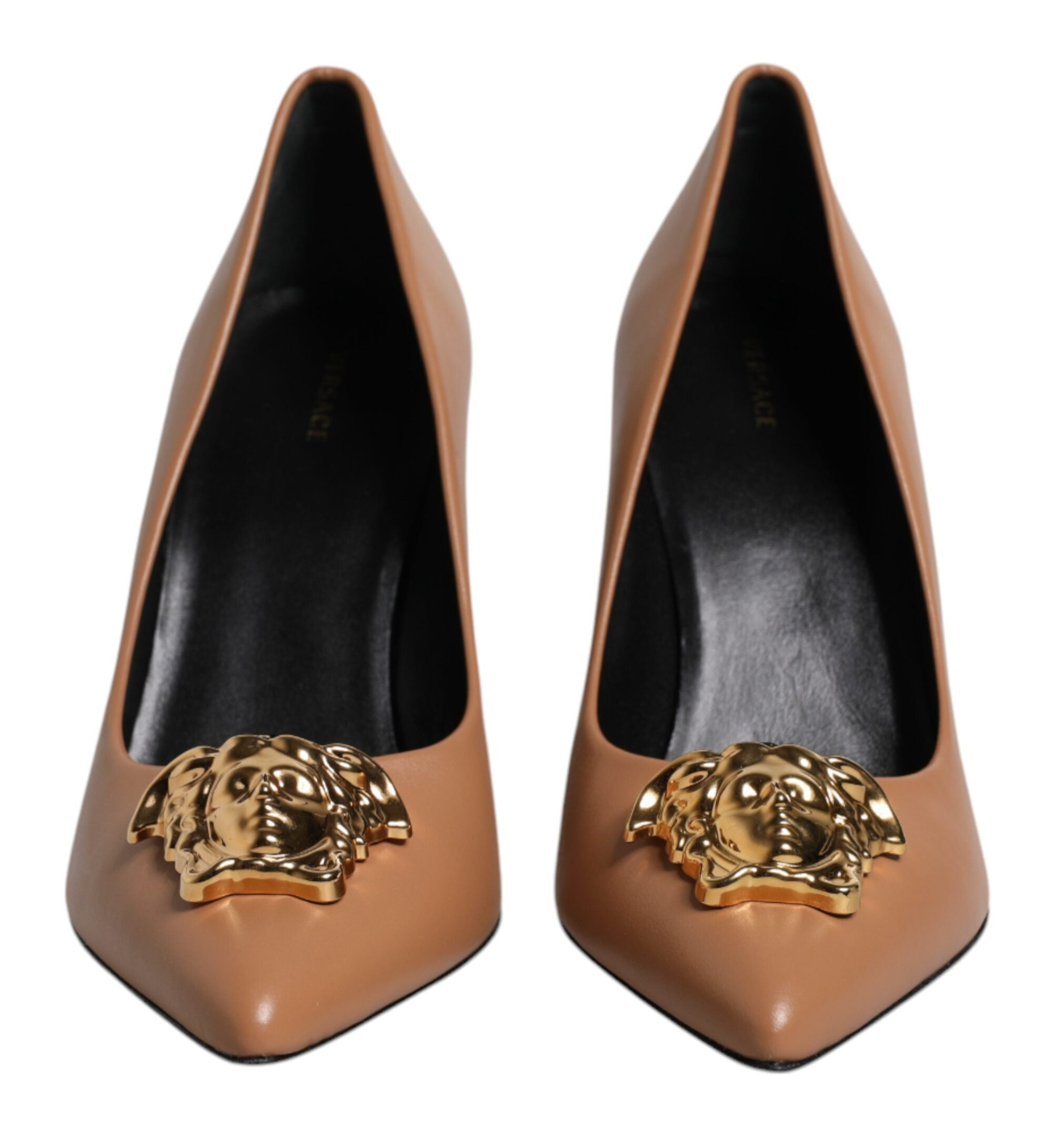 Versace Brown Leather Logo Plaque Heels