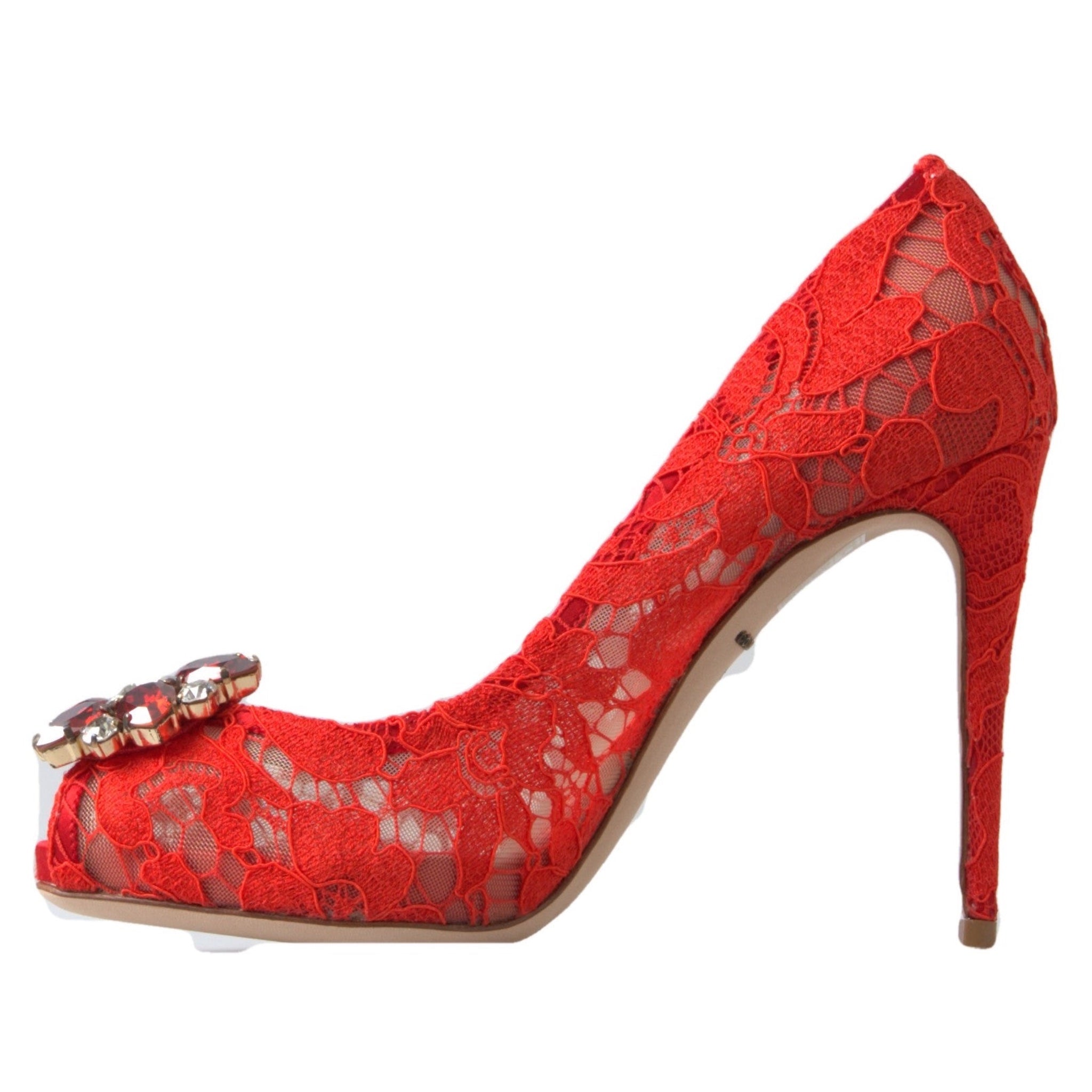 Dolce & Gabbana Red Lace Heels with Crystal Broche