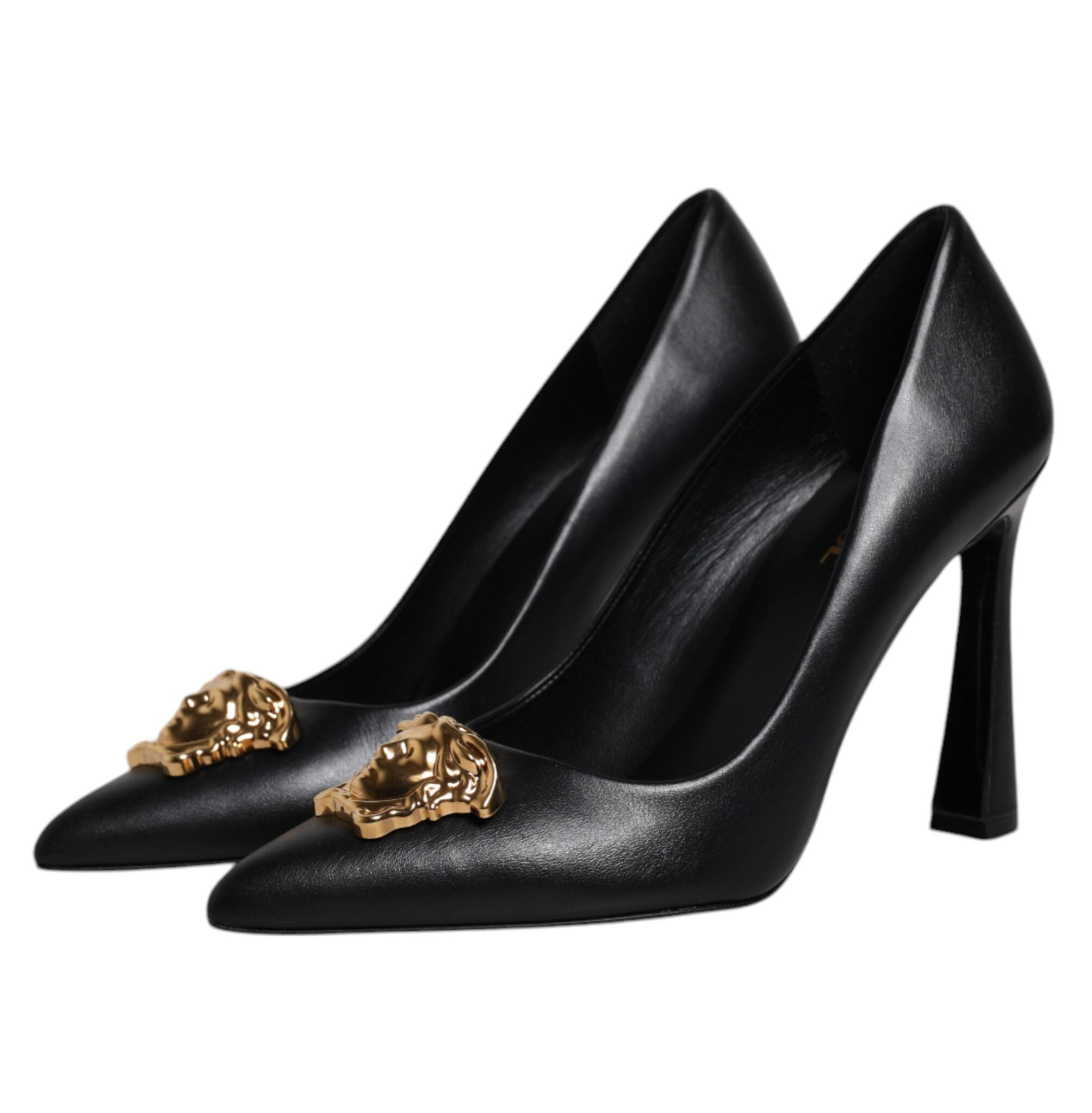 Versace Black Leather Logo Plaque High Heels Pumps Shoes