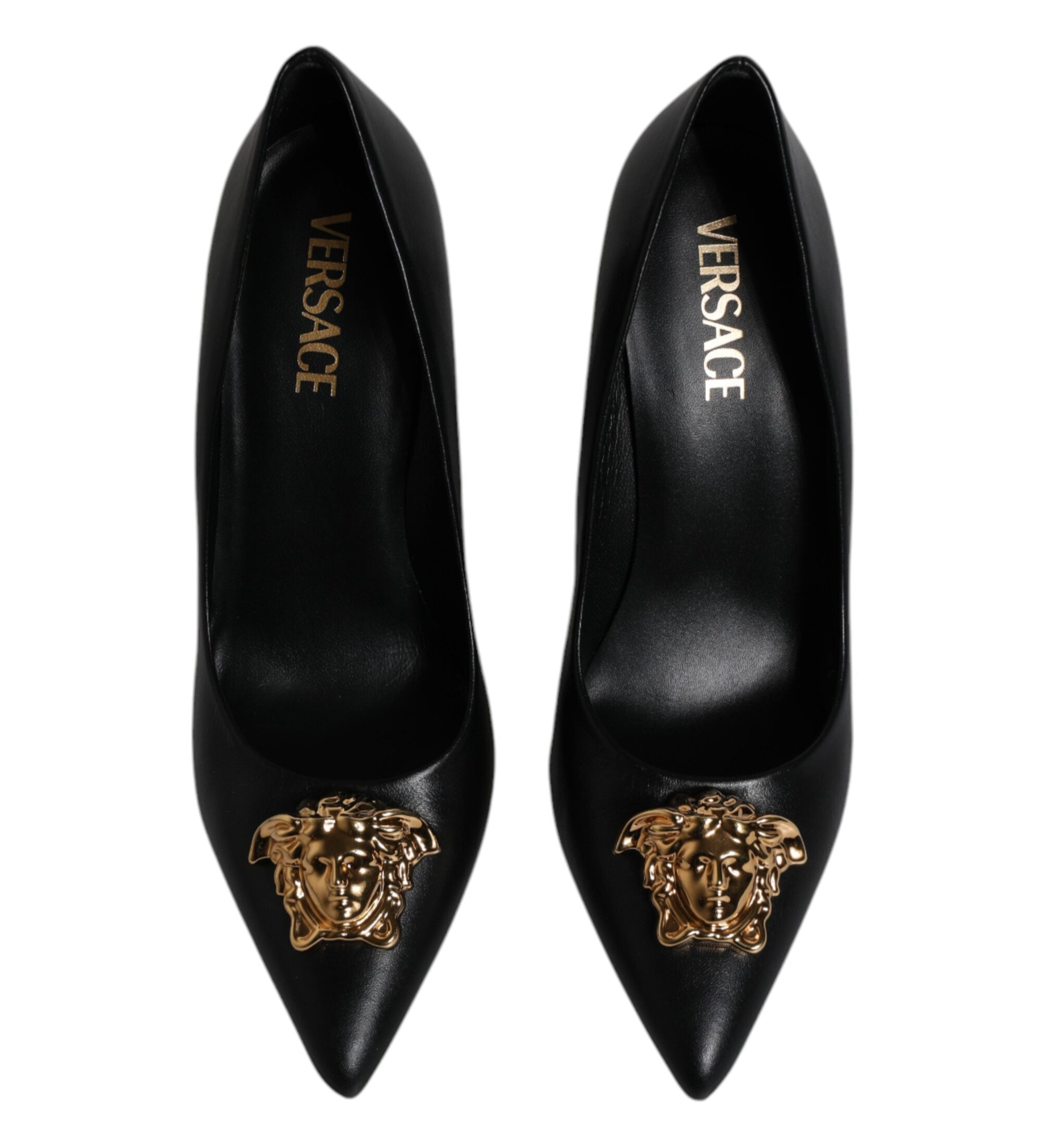 Versace Black Leather Logo Plaque High Heels Pumps Shoes