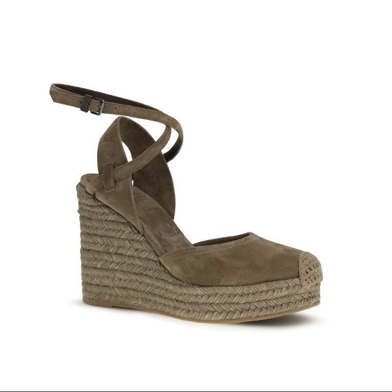 Brown wedge sandal with espadrille sole on a white background