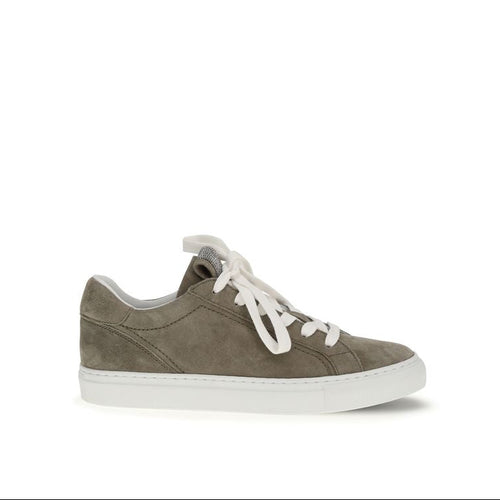 Gray sneaker with white laces on a white background