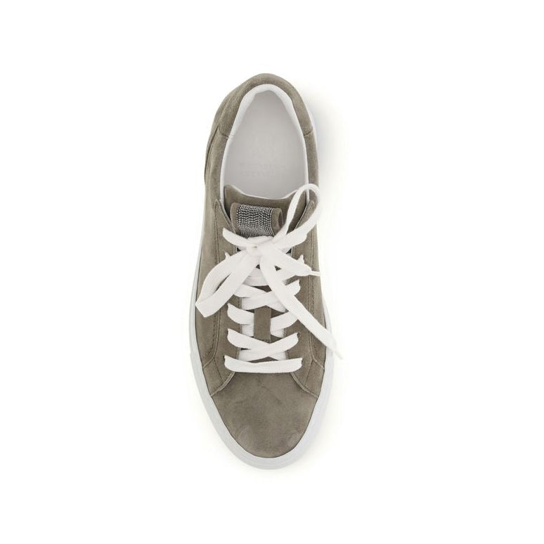 Gray sneaker with white laces on a white background