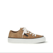 Brown sneaker with white laces on a white background