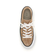 Brown sneaker with white laces on a white background