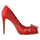 Dolce & Gabbana Red Lace Heels with Crystal Embellishment