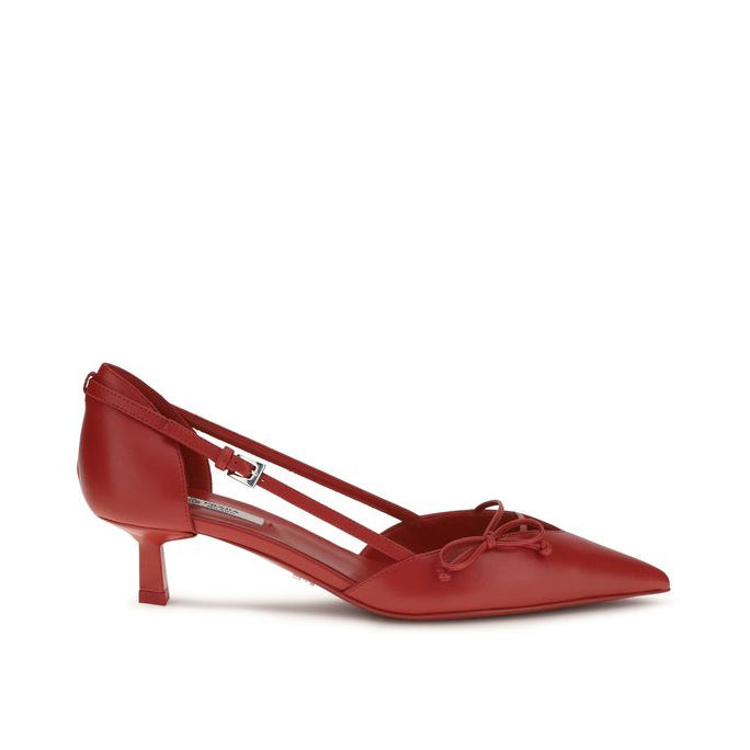 Prada Red Side-Cut Kitten Heel Pumps with Bow Detail