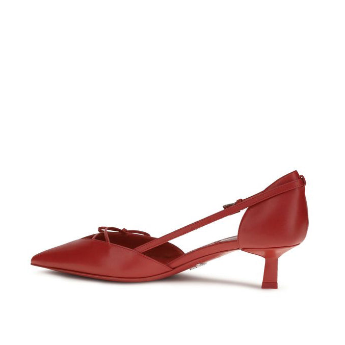 Prada Red Side-Cut Kitten Heel Pumps with Bow Detail
