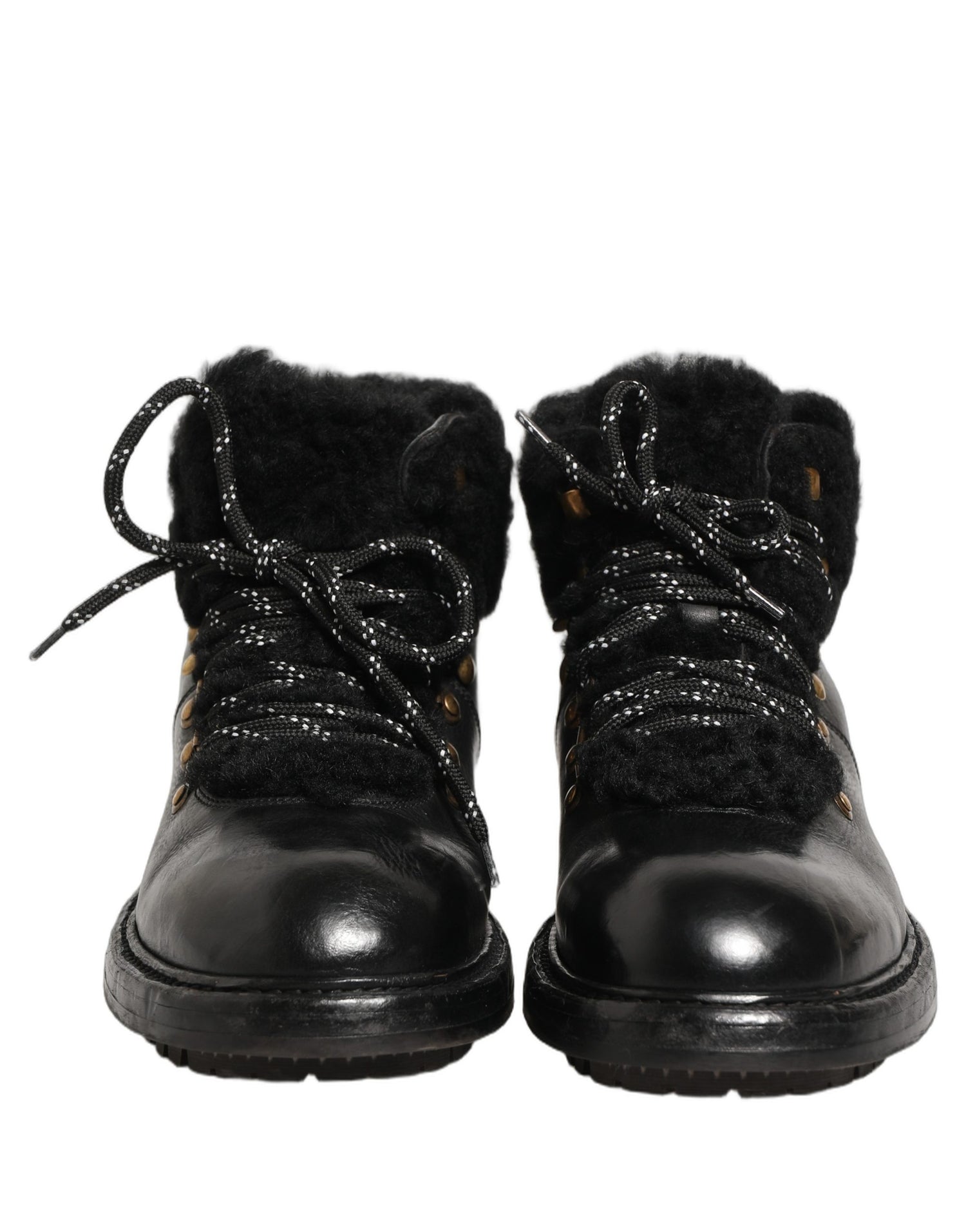 Dolce & Gabbana Black Trekking Fur Lace Leather Boots Shoes