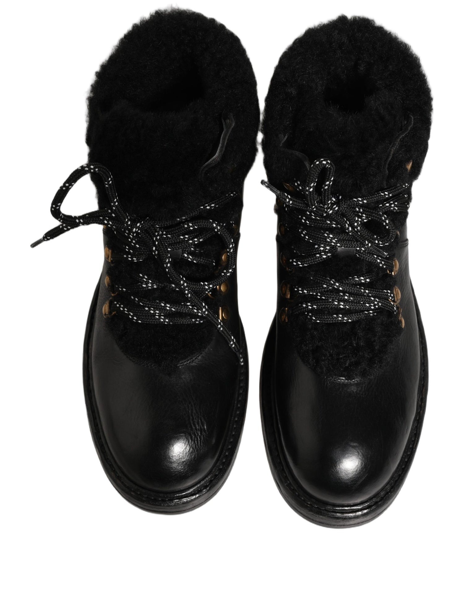 Dolce & Gabbana Black Trekking Fur Lace Leather Boots Shoes