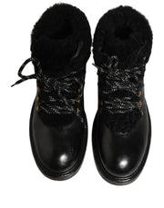 Dolce & Gabbana Black Trekking Fur Lace Leather Boots Shoes
