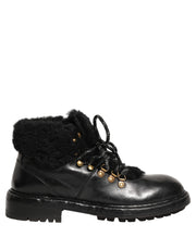 Dolce & Gabbana Black Trekking Fur Lace Leather Boots Shoes