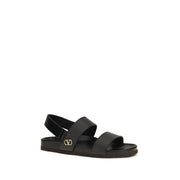 Valentino Garavani Black Calf Leather Bos Taurus Flat Sandals