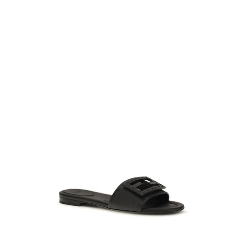 Fendi Black Calf Leather Bos Taurus Flat Sandals