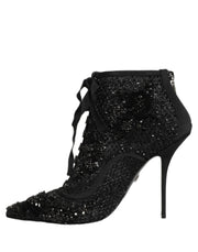 Dolce & Gabbana Black Embellished Mesh Ankle Boots Shoes