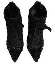 Dolce & Gabbana Black Embellished Mesh Ankle Boots Shoes