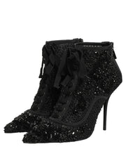 Dolce & Gabbana Black Embellished Mesh Ankle Boots Shoes