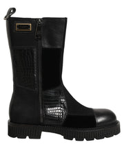 Dolce & Gabbana Black Patchwork Leather Mid Calf Boots Shoes
