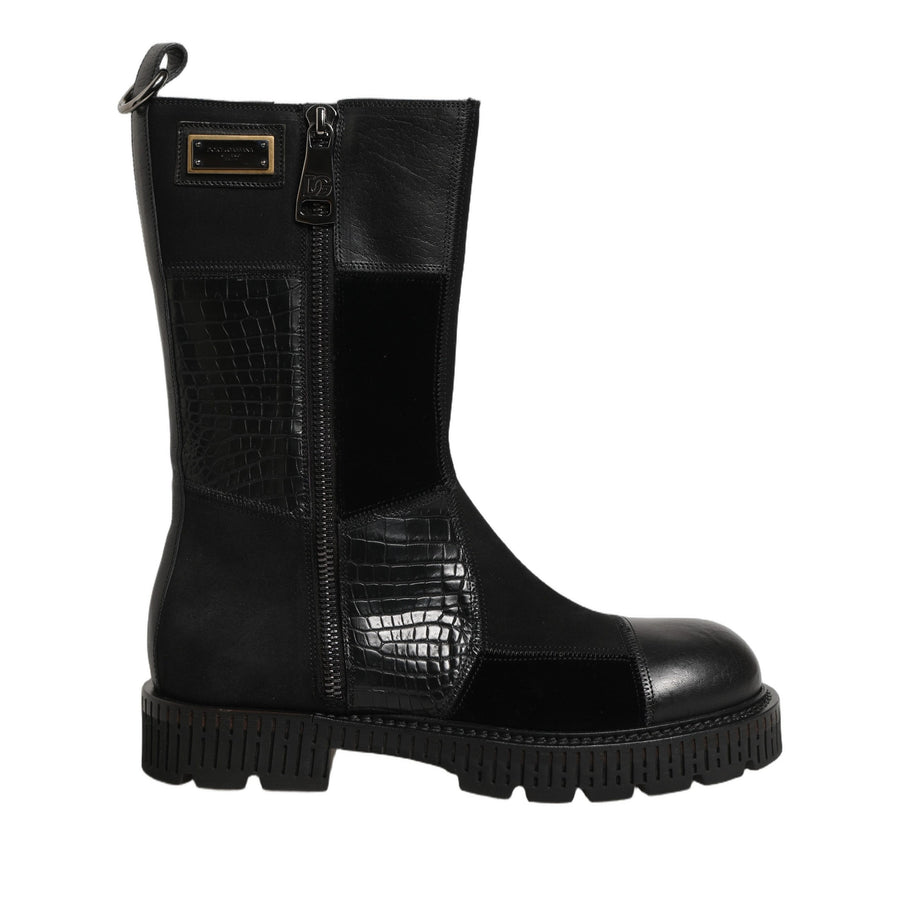 Dolce & Gabbana Black Patchwork Leather Mid-Calf Boots
