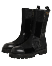 Dolce & Gabbana Black Patchwork Leather Mid Calf Boots Shoes