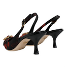 Dolce & Gabbana Black Red Floral Crystal Heel Slingback Shoes