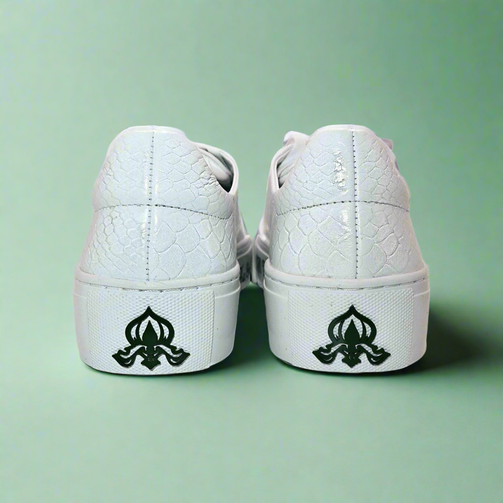 Michaela V Amare white sneakers - back view showing elastic panels